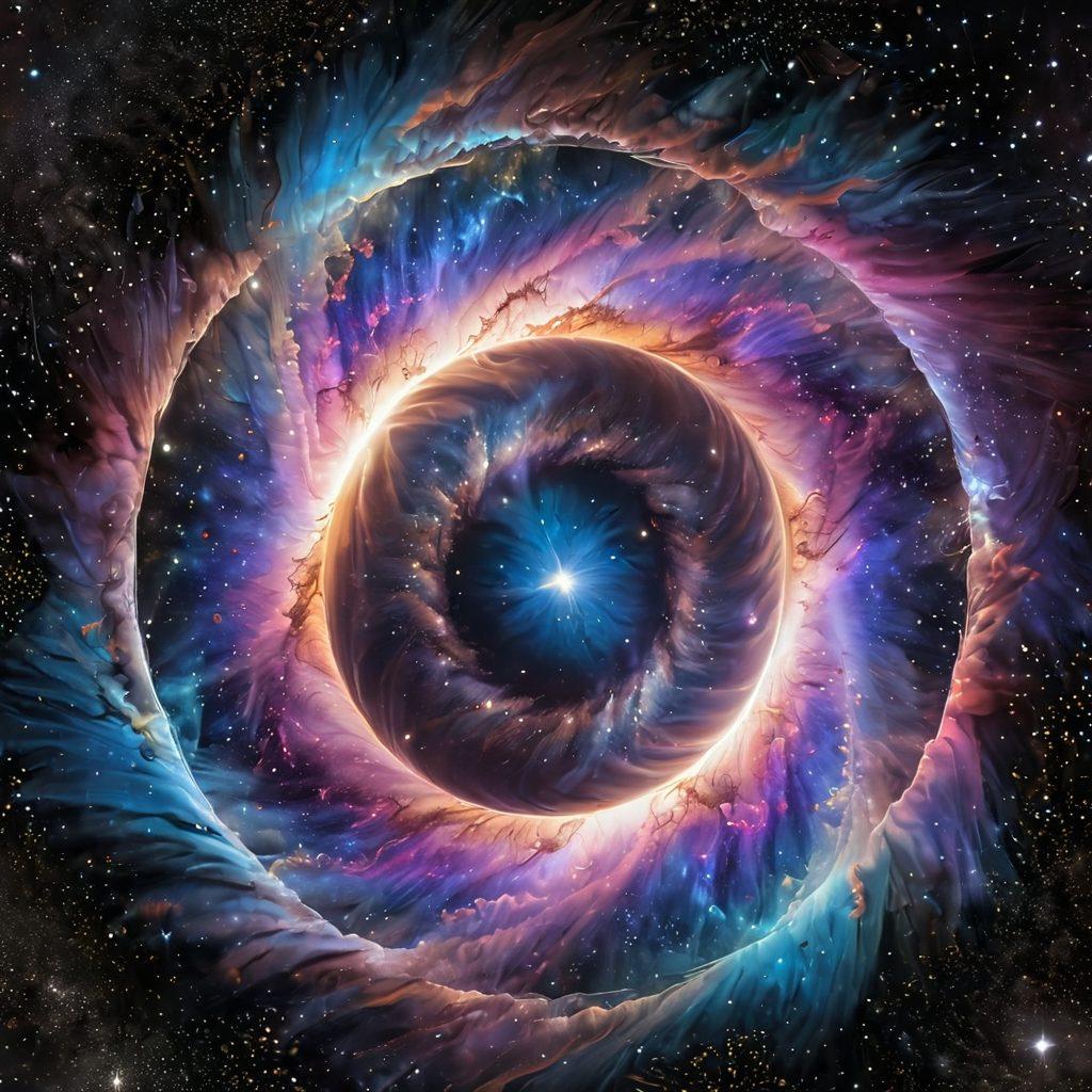 A mesmerizing depiction of the Helix Nebula, swirling in vibrant hues of blue, purple, and pink, set against a starry cosmic background. Ethereal light beams radiate from the nebula, symbolizing joy and happiness, while small, whimsical planets float around it. Include a silhouette of a person gazing up in awe, capturing the wonder of the universe. surreal and dreamy. vibrant colors. dark cosmic background.