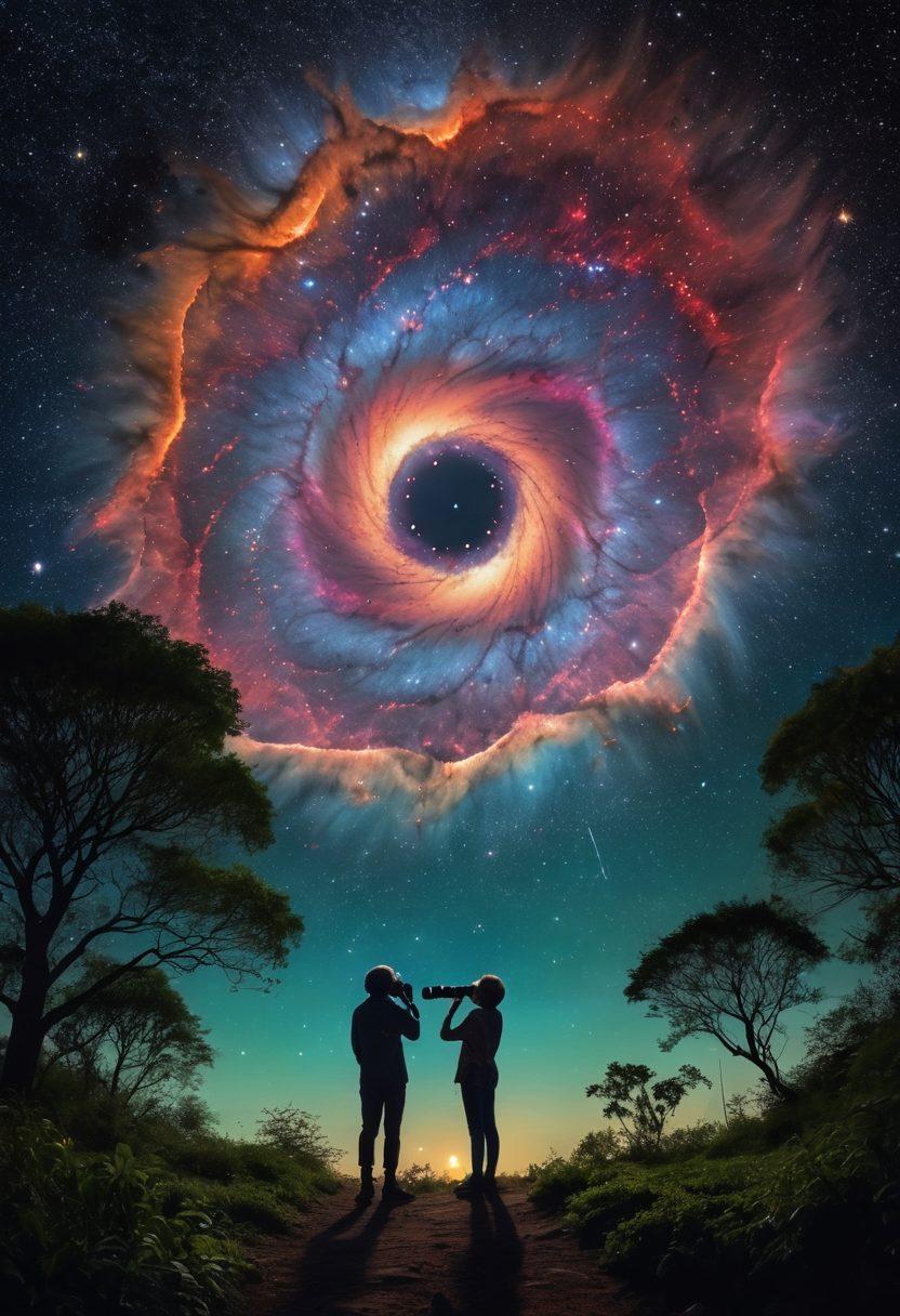 A stunning night sky filled with vibrant stars and the Helix Nebula prominently displayed in vivid colors, showcasing its wispy, glowing tendrils. Below, a group of diverse stargazers, including a child with a telescope and an elderly couple with binoculars, marvel at the cosmic spectacle, surrounded by lush greenery of a serene park. The scene conveys a sense of wonder and curiosity about the universe, with planets and constellations softly illuminating the background. super-realistic. vibrant colors. cosmic atmosphere.