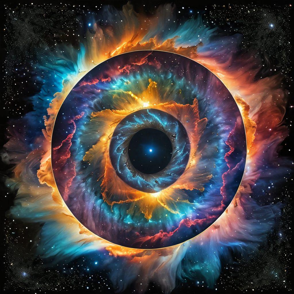 A mesmerizing representation of the Helix Nebula in vibrant colors, intertwined with symbols of human emotions like laughter and joy, set against a starry cosmic backdrop. Incorporate soft swirling clouds of stardust that evoke a sense of wonder and tranquility, illustrating the connection between happiness and the universe. Infuse elements of scientific imagery like DNA double helix strands gently weaving through the nebula. super-realistic. cosmic art. vibrant colors.